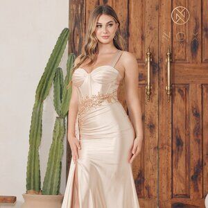 NEW LONG ONE SHOULDER SLEEVELESS SHEATH SATIN DRESS WITH LACE UP BACK NX E1239